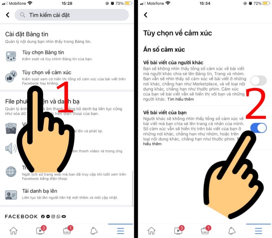 Chọn mục Tuỳ chọn về cảm xúc, bật thanh trạng thái trong mục về bài viết