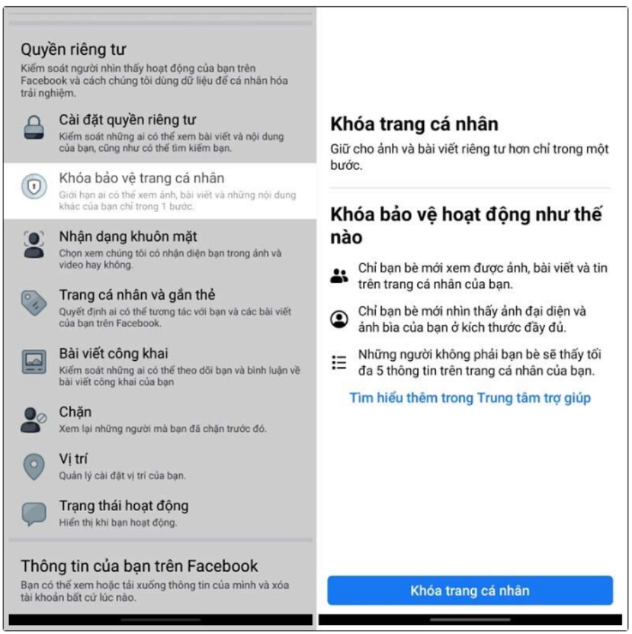 Vào mục Quyền riêng tư -> Bấm vào tùy chọn Khóa trang bảo vệ cá nhân