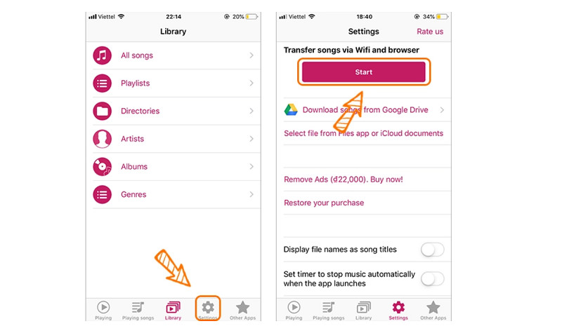 Tại đây, dòng chữ chép nhạc qua WiFi và trình duyệt sẽ xuất hiện trên màn hình -> Bấm vào phím Bắt đầu.