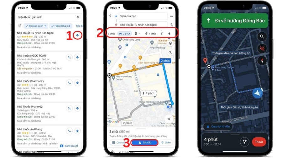 Chọn hiệu thuốc gần nhất -> Bấm bắt đầu để Google Maps chỉ đường