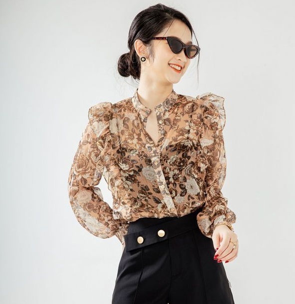 Đầm Hoa Cổ Sơ Mi Chiết Eo Phong Cách Retro Cổ Điển