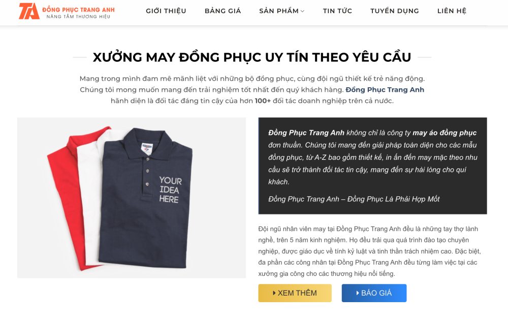 Giao diện chính website Đồng Phục Trang Anh vừa ra mắt