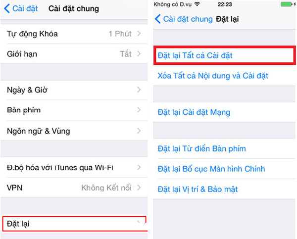 Nhấn vào “Đặt lại”, sau đó bấm “Đặt lại tất cả Cài đặt” để reset điện thoại về trạng thái ban đầu.