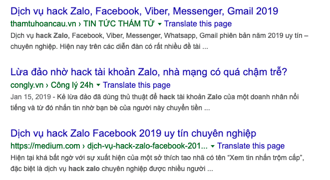 Những dịch vụ hack Zalo người khác được rao bán đầy trên mạng.
