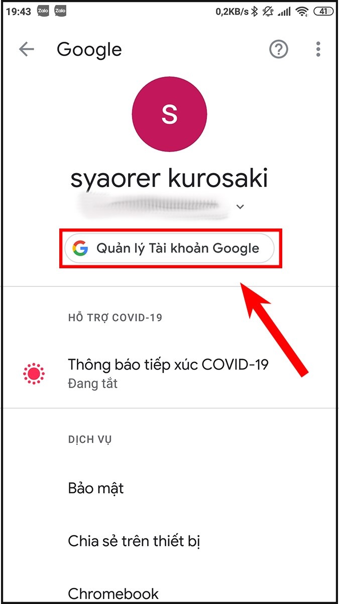 Ấn chọn Quản lý tài khoản Google