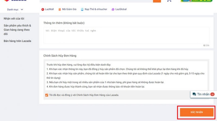 Bấm vào thông tin cần thiết để hủy đơn hàng