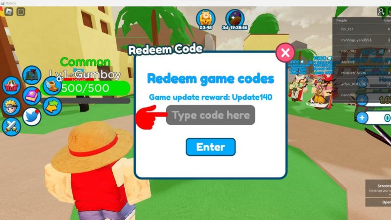 Nhập code Ultimate Anime Simulator mới nhất vào ô “Type code here” -> Bấm Enter để kích hoạt mã