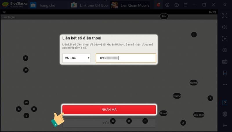 Nhập thông tin số điện thoại/ email liên kết -> Chọn nút Nhận mã.