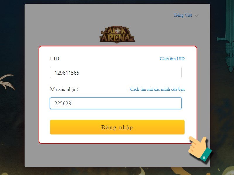 Vào link nhập code AFK Arena -> Nhập ID nhân vật và mã xác nhận -> Bấm vào Đăng nhập.