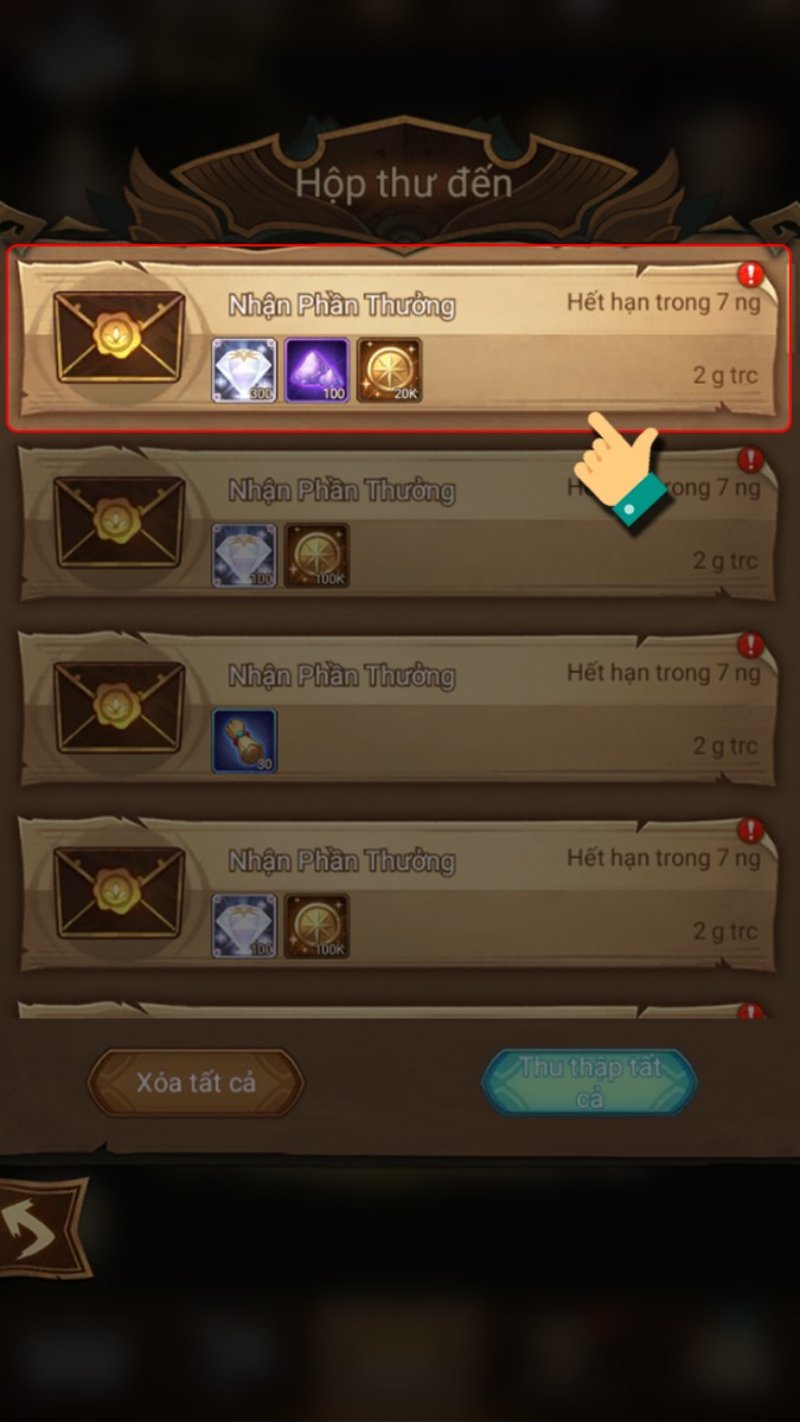 Ấn vào Thư để nhận phần thưởng.