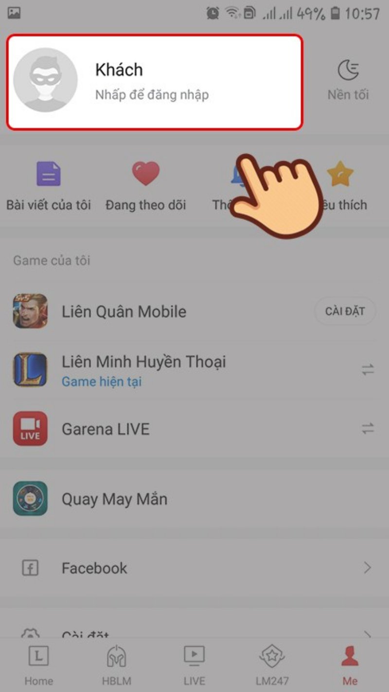 Click vào khung Avatar để đăng nhập.