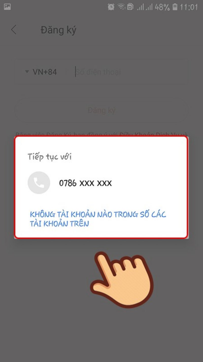 Nhấp vào số điện thoại trên máy nếu đồng ý. Hoặc bạn nhập số điện thoại khác muốn đăng ký vào thanh điền.