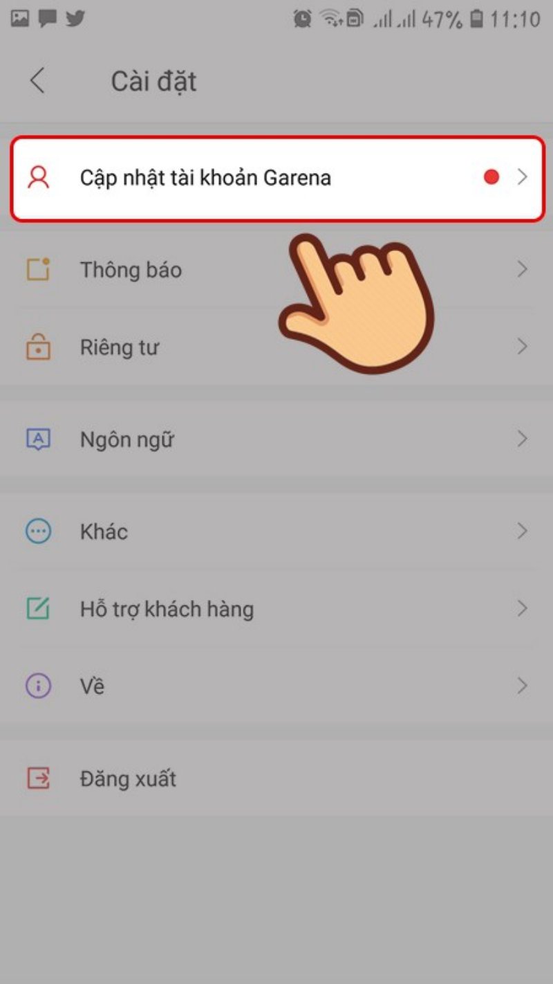 Chọn Cài đặt, bấm Cập nhật tài khoản Garena.