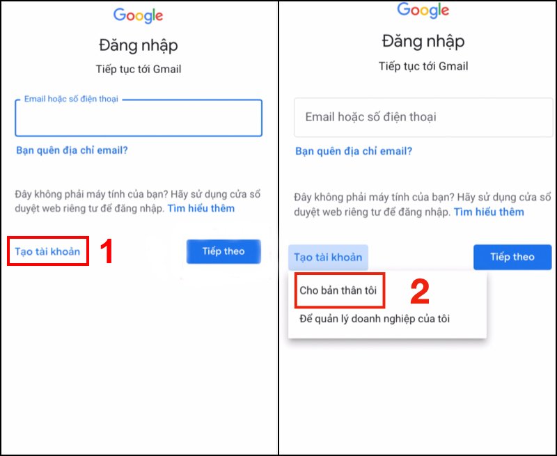 Bấm Tạo tài khoản -> Ấn chọn Cho bản thân tôi.