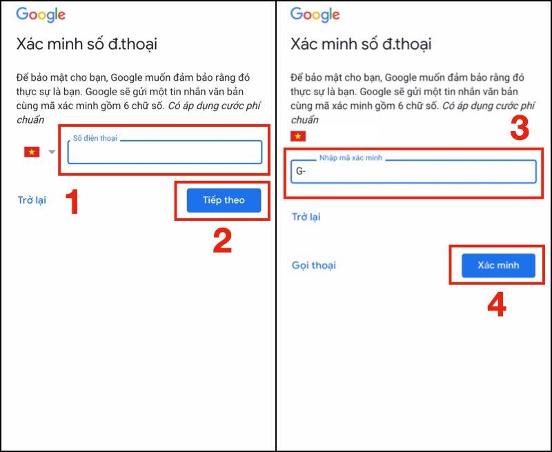 Nhập Số điện thoại -> Bấm Tiếp theo -> Nhập Mã xác nhận đến từ Google thông qua SMS -> Click chọn Xác minh.