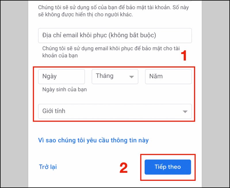 Nhập Ngày tháng năm sinh, Giới tính -> Bấm chọn Tiếp theo.