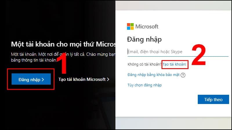 Vào website: account.microsoft.com/account -> Bấm vào nút Đăng nhập -> Bấm Tạo tài khoản.