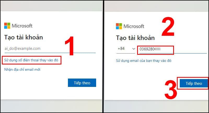 Chọn mục Sử dụng số điện thoại thay vào đó -> Nhập số điện thoại để đăng ký tài khoản -> Bấm Tiếp theo.