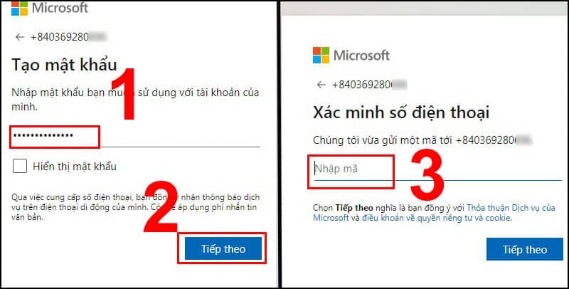Nhập mật khẩu -> Nhấn nút Tiếp theo -> Ấn nhập mã xác nhận.