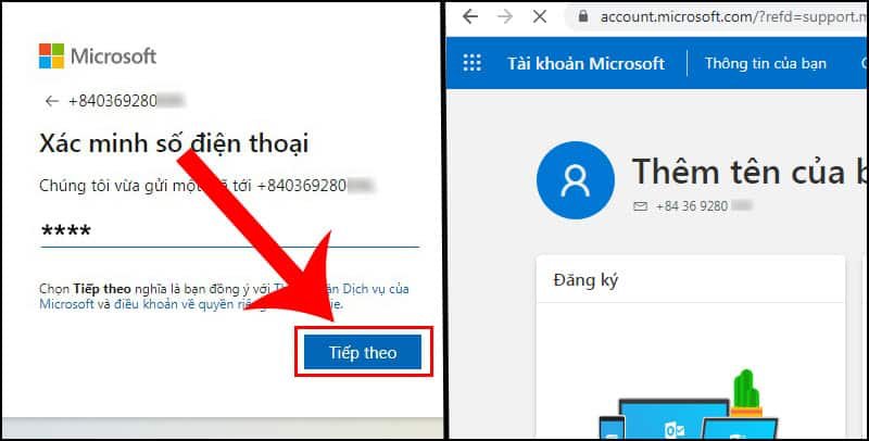 Ấn vào nút Tiếp theo để hoàn tất quá trình đăng ký tài khoản Microsoft bằng số điện thoại.