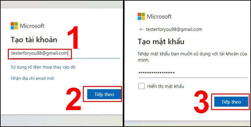 Nhập địa chỉ email -> Bấm Tiếp theo -> Đặt mật khẩu cho tài khoản -> Nhấn Tiếp theo.