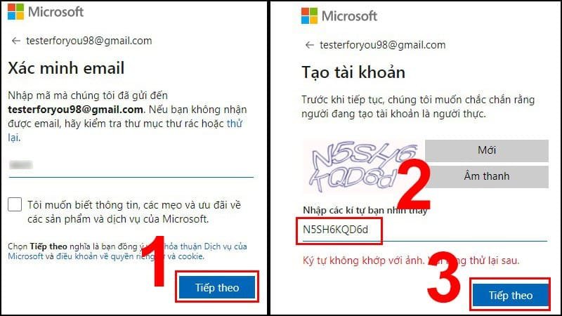Nhập mã xác minh vào ô -> Ấn Tiếp theo để hoàn tất quá trình đăng ký Microsoft bằng email của mình.