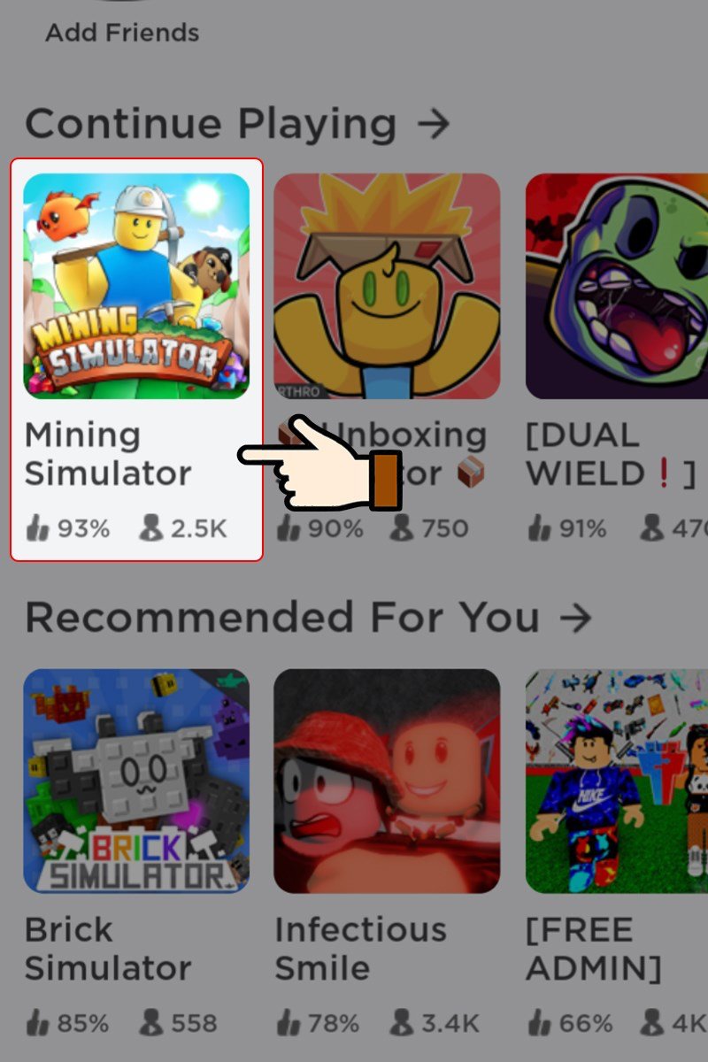 Vào game Roblox -> Bấm chọn mode chơi Mining Simulator.