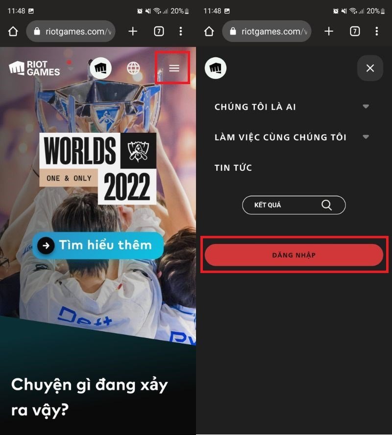Vào trang chủ Riot -> Ấn chọn biểu tượng 3 dấu gạch ngang -> Vào đăng nhập.
