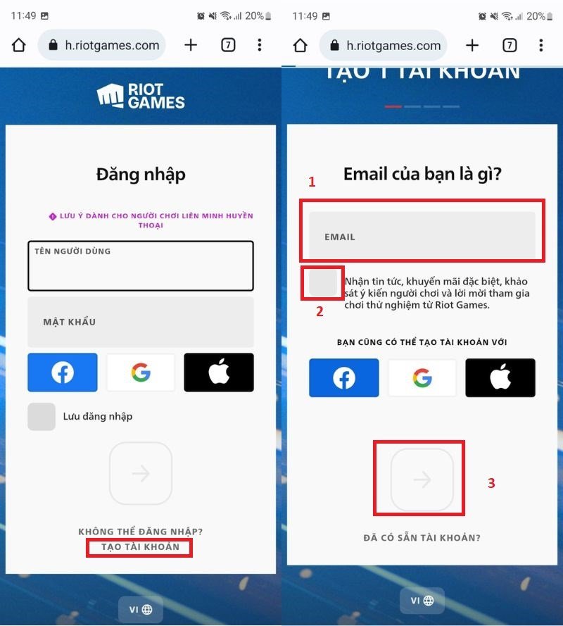 Chọn vào ô tạo tài khoản -> Tiến hành điền Email -> Click chọn vào nhận tin tức -> Nhấn chọn mũi tên để tiếp tục.