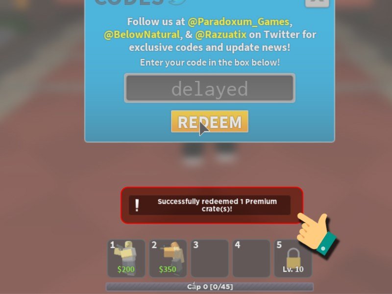 Hình ảnh nhập code Tower Defense Simulator thành công.