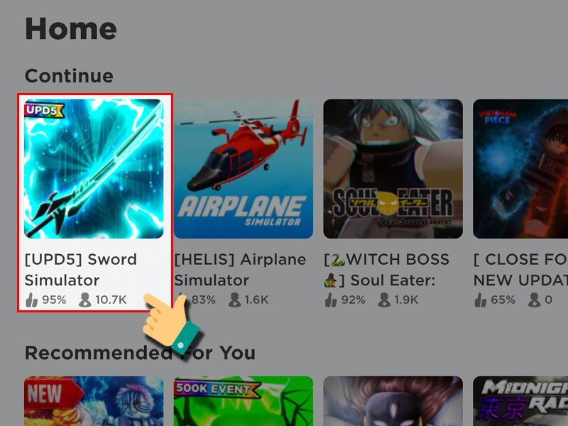 Vào Roblox tìm và nhấn chọn mode chơi game Sword Simulator.