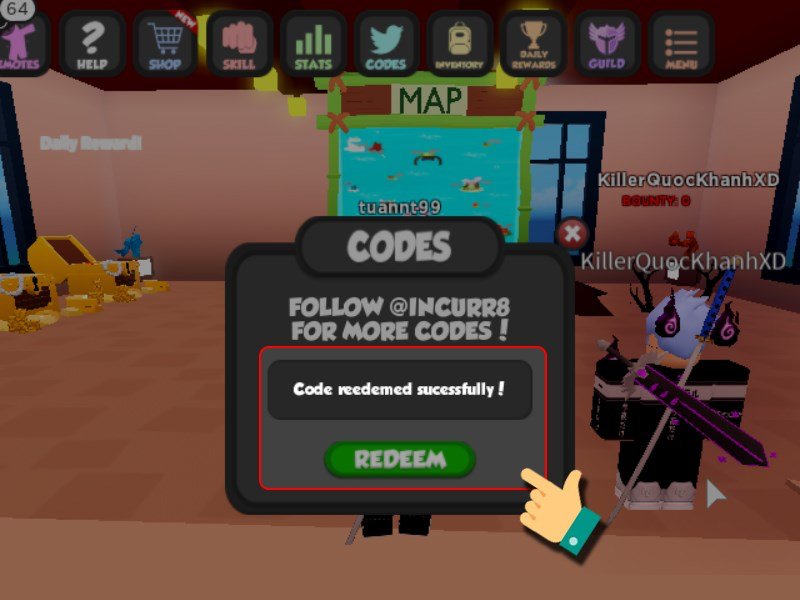 Hình ảnh nhập code Anime World thành công.