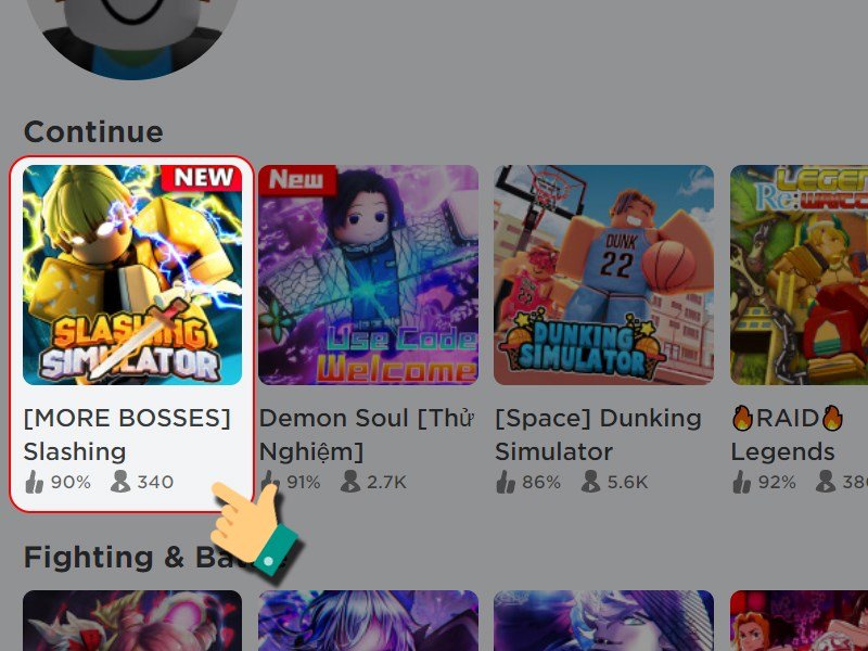 Tại giao diện trò chơi Roblox, bạn bấm vào game Slashing Simulator.