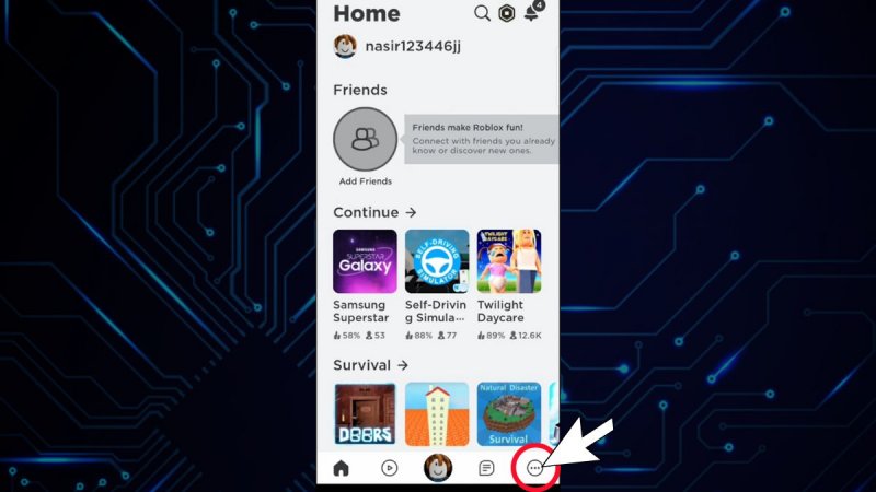 Tại giao diện chính của game Roblox, bạn bấm chọn vào dấu 3 chấm.