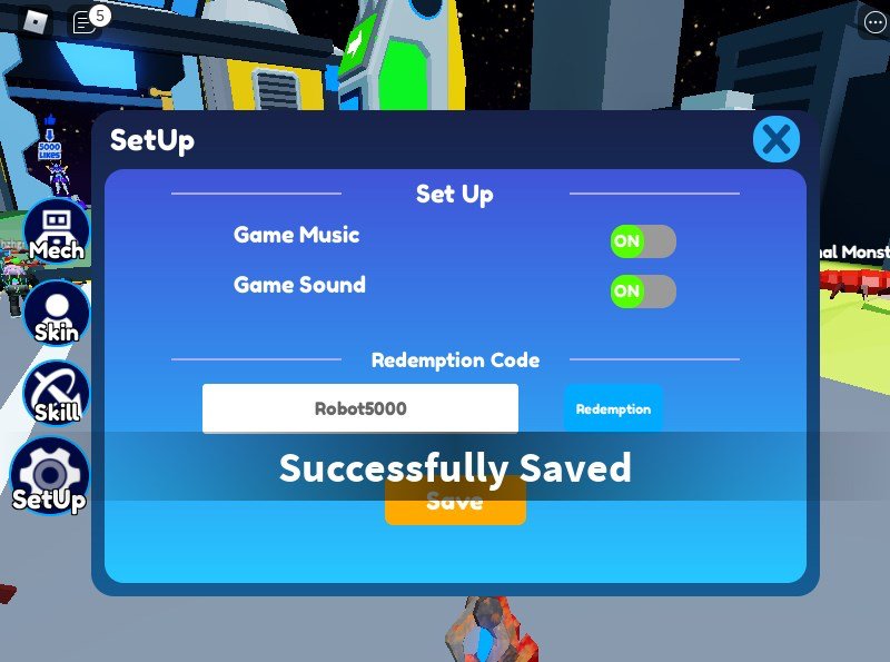 Hình ảnh nhập code Mecha Simulator thành công.