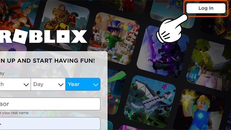 Vào trang web game Roblox và nhấn chọn Log in góc bên phải màn hình.