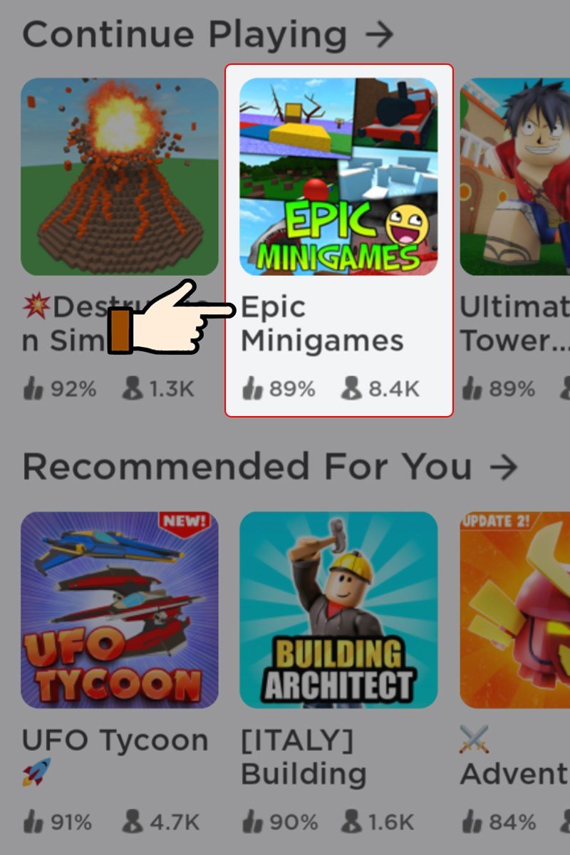 Vào game Roblox -> Bấm chọn mode chơi Epic Miningames.