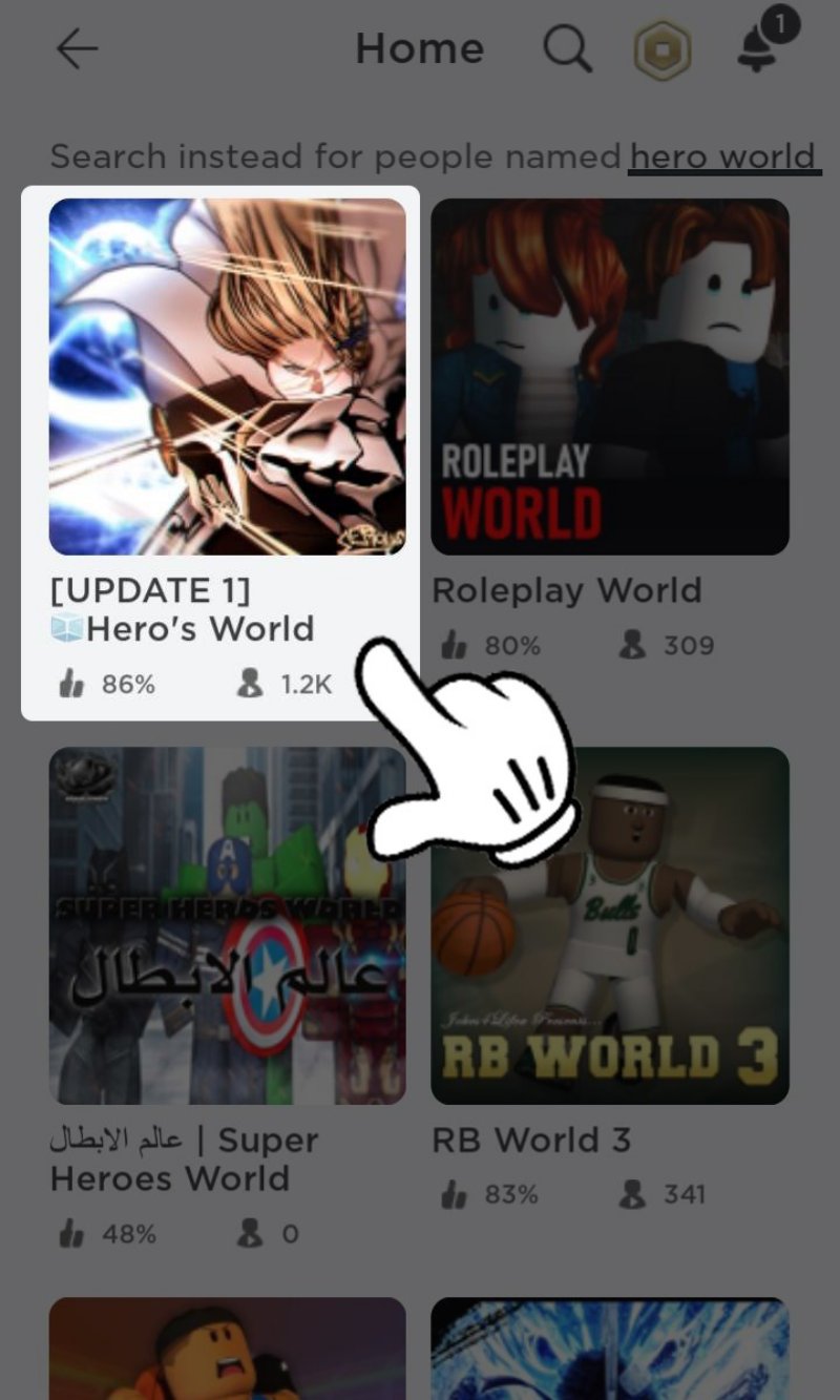 Vào Roblox tìm và nhấn chọn ngay mode chơi Hero's World.