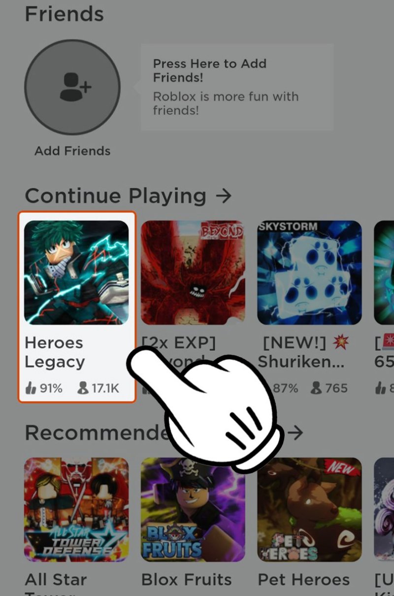 Mở game Roblox và nhấn chọn Heroes Legacy.