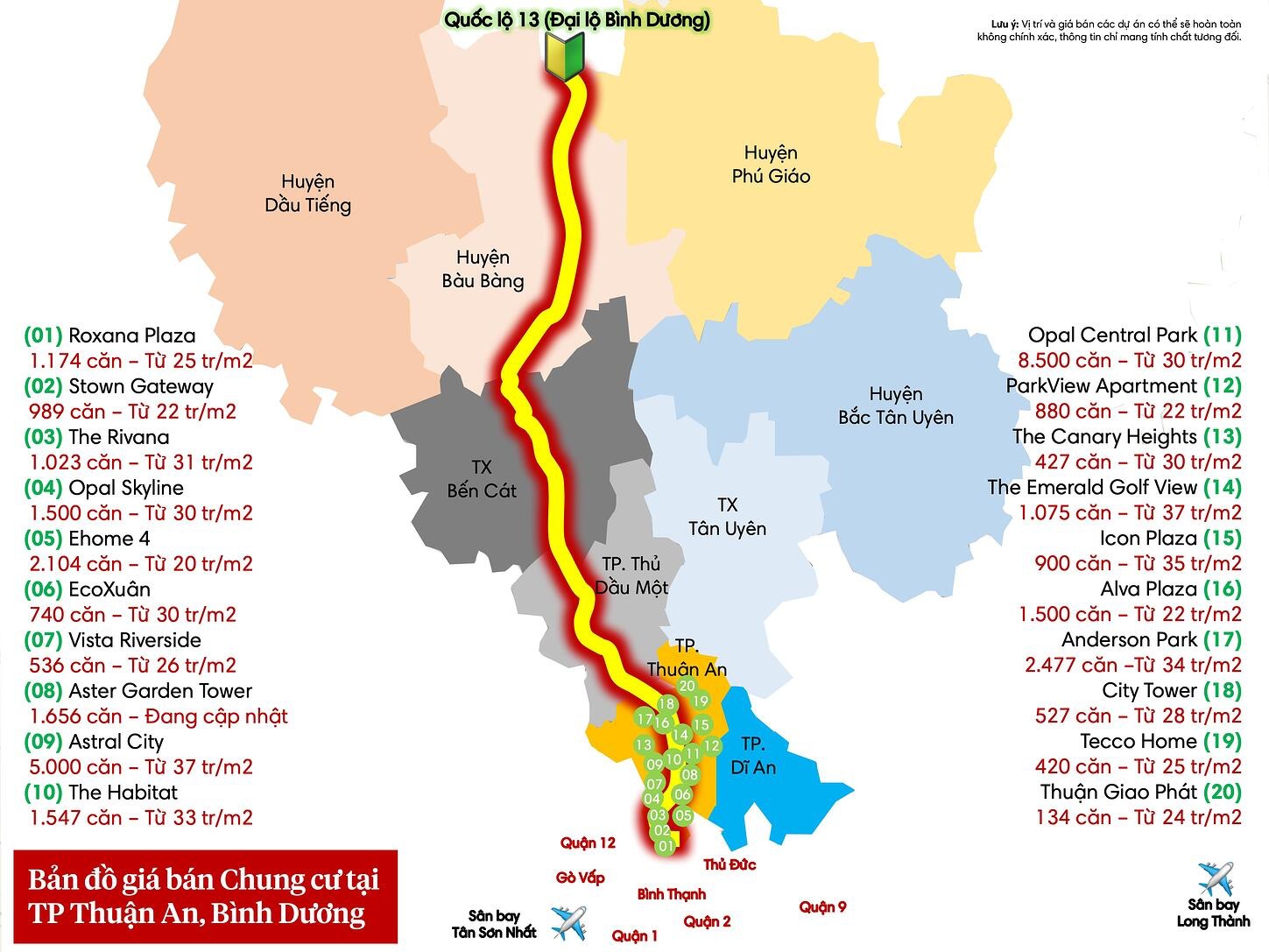 Bản đồ giá bán 20 chung cư tại thành phố Thuận An hiện nay