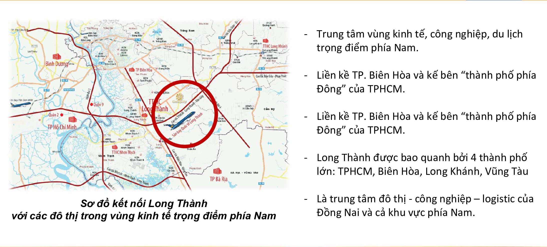 Sơ đồ kết nối Long Thành với các đô thị trong vùng kinh tế trong điểm Phía Nam