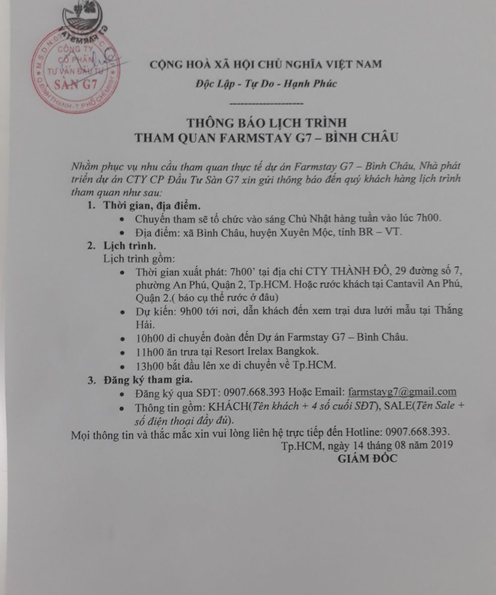 Lịch trình tham quan dự án Farmstay G7 Bình Châu