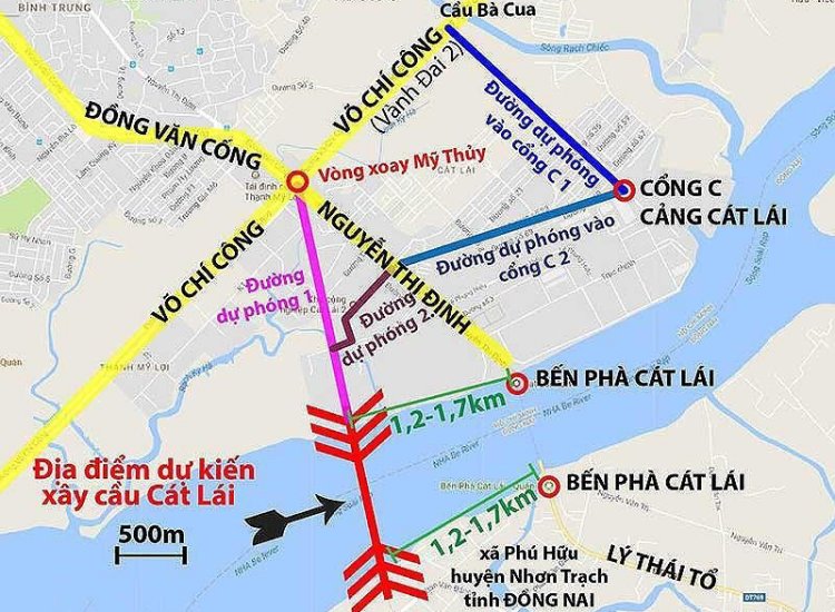 Bản đồ vị trí cầu Cát Lái với các tuyến đường lân cận