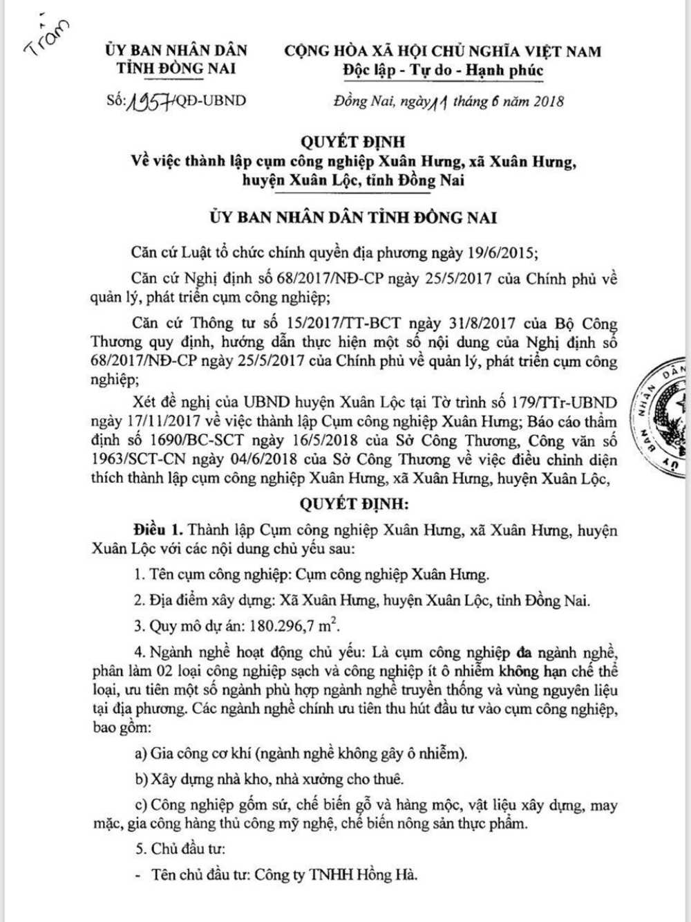 Quyết định xây dựng cụm khu công nghiệp ở xuân lộc