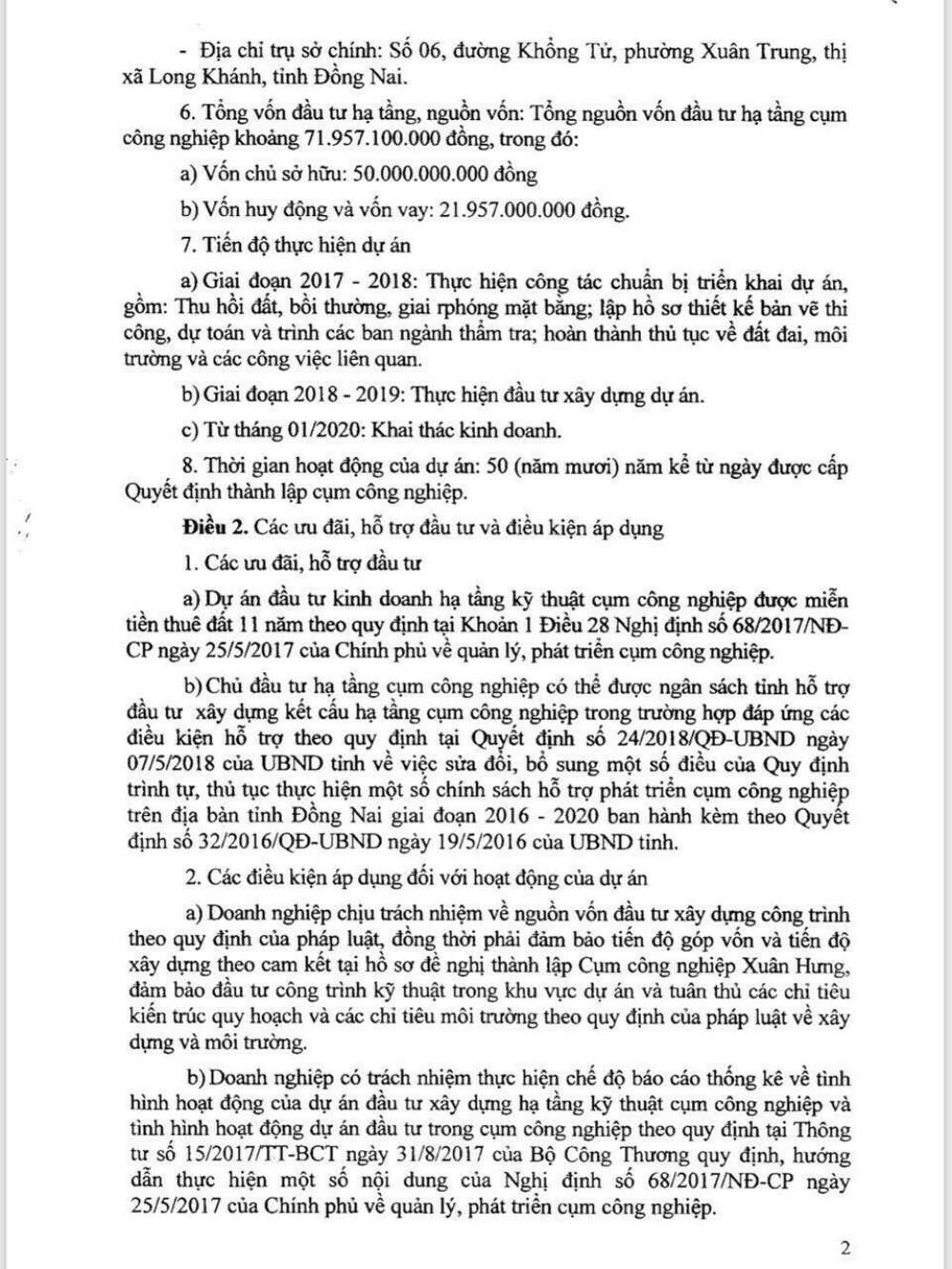 Quyết định xây dựng cụm khu công nghiệp ở xuân lộc