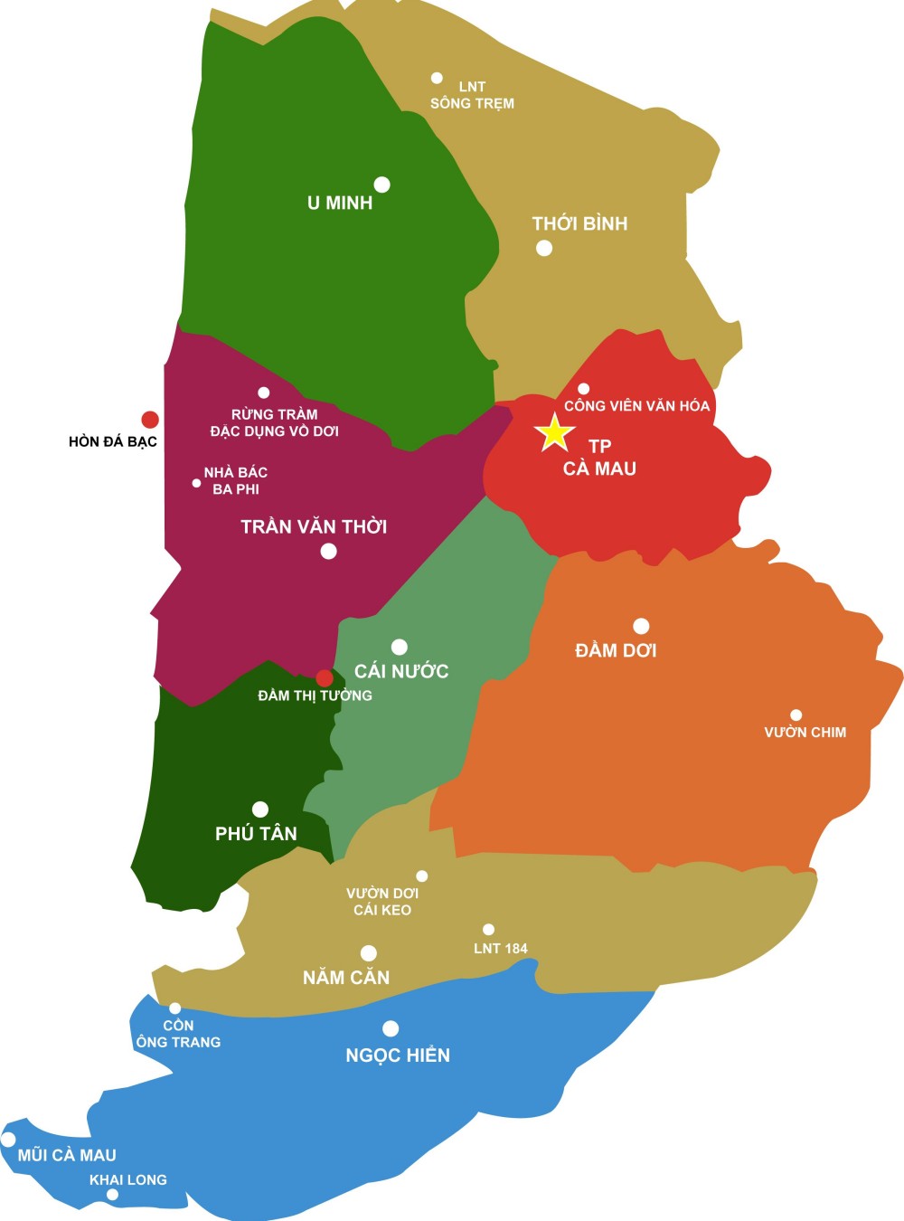 Bản đồ du lịch Cà Màu các Huyện chi tiết