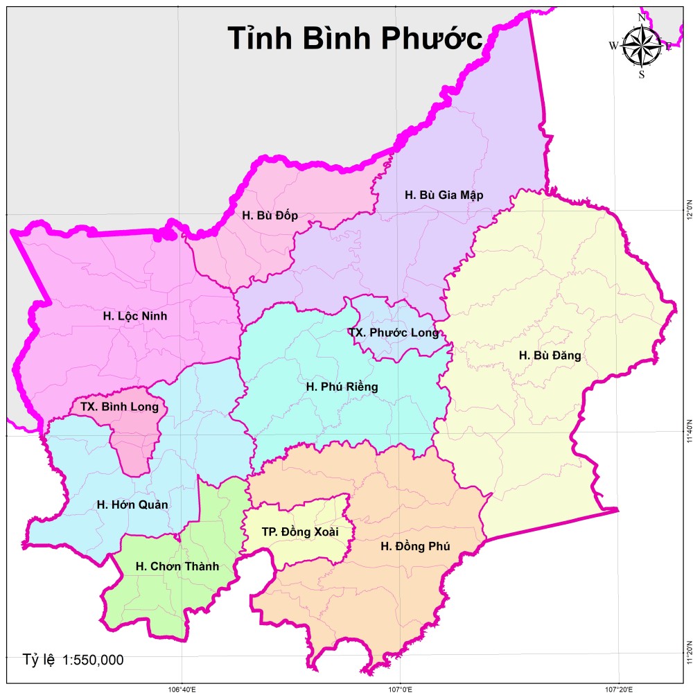 Bản đồ hành chính tỉnh Bình Phước khổ lớn, Phóng to 2024