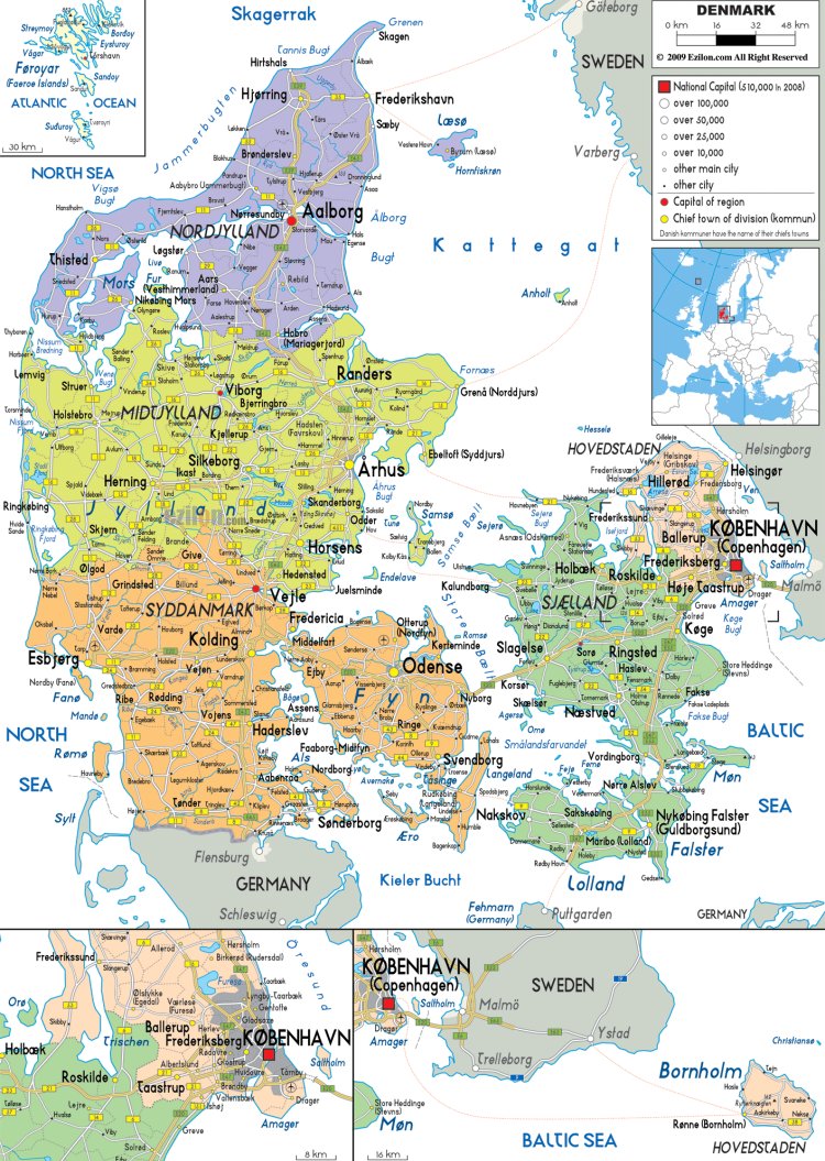 Bản đồ Đan Mạch (Danmark) khổ lớn phóng to chi tiết
