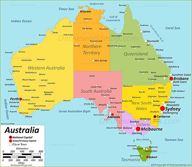 Bản đồ của Úc được chia theo khu vực: Đông, Tây, Nam, Bắc