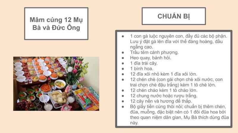 Danh sách những món cần cho mâm cúng 12 Mụ Bà và Đức Ông
